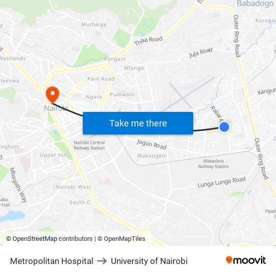 Metropolitan Hospital to University of Nairobi map