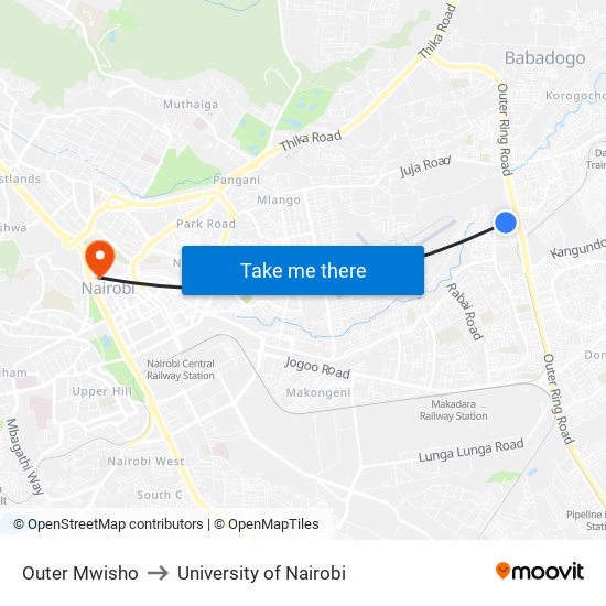 Outer Mwisho to University of Nairobi map