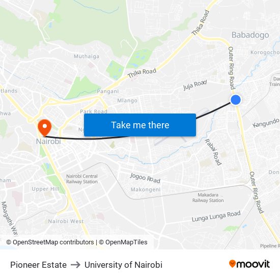 Pioneer Estate to University of Nairobi map