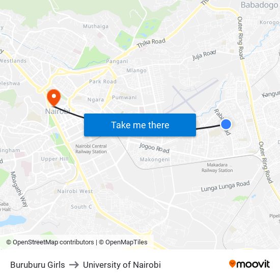 Buruburu Girls to University of Nairobi map
