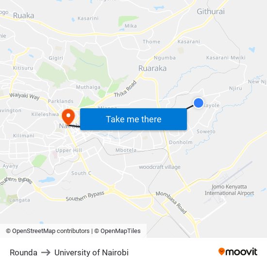 Rounda to University of Nairobi map