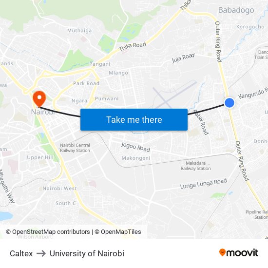 Caltex to University of Nairobi map