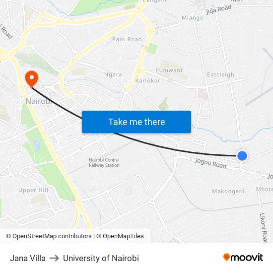 Jana Villa to University of Nairobi map