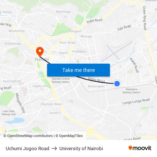 Uchumi Jogoo Road to University of Nairobi map