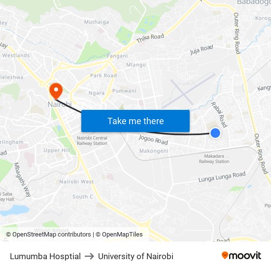 Lumumba Hosptial to University of Nairobi map