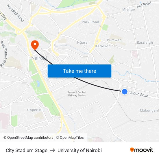 City Stadium Stage to University of Nairobi map