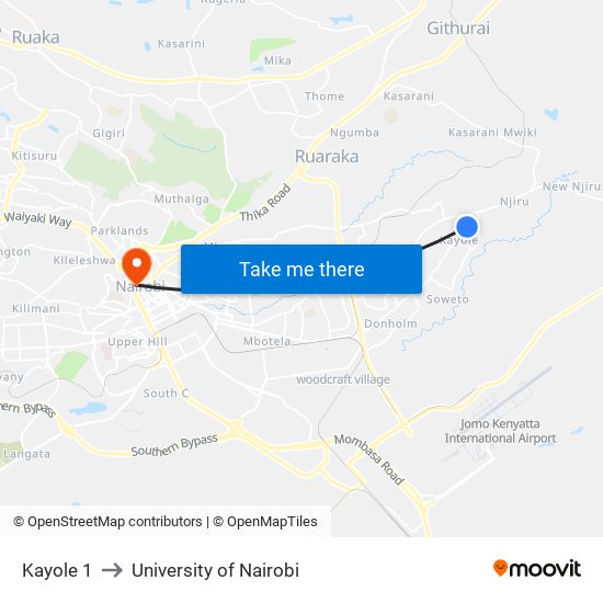 Kayole 1 to University of Nairobi map