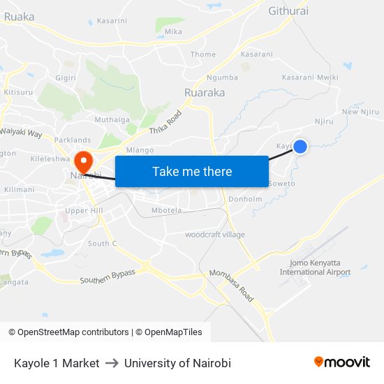 Kayole 1 Market to University of Nairobi map