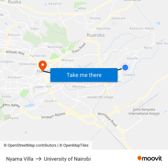 Nyama Villa to University of Nairobi map