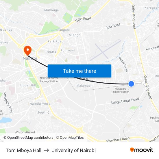 Tom Mboya Hall to University of Nairobi map