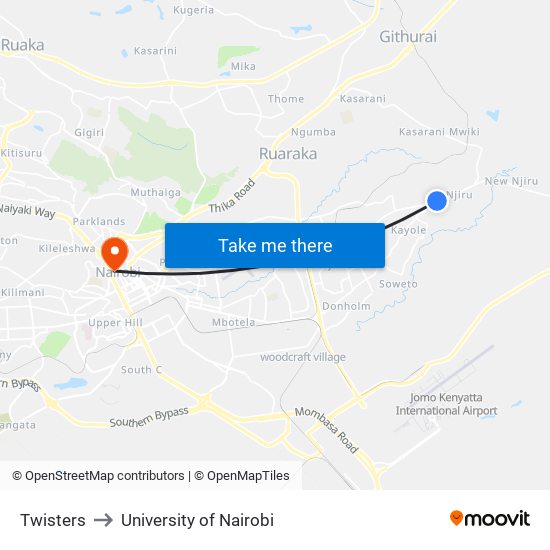 Twisters to University of Nairobi map