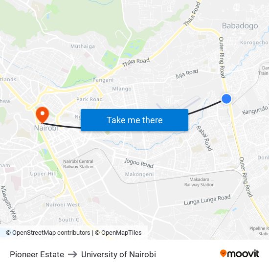 Pioneer Estate to University of Nairobi map