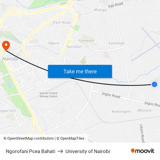 Ngorofani Pcea Bahati to University of Nairobi map