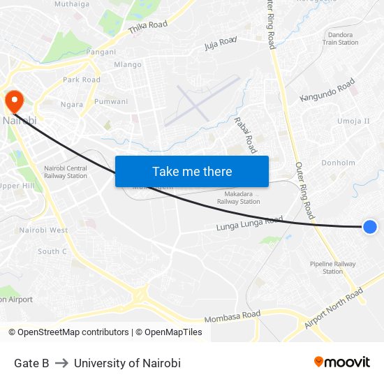 Gate B to University of Nairobi map