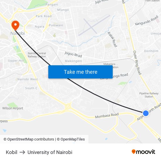 Kobil to University of Nairobi map