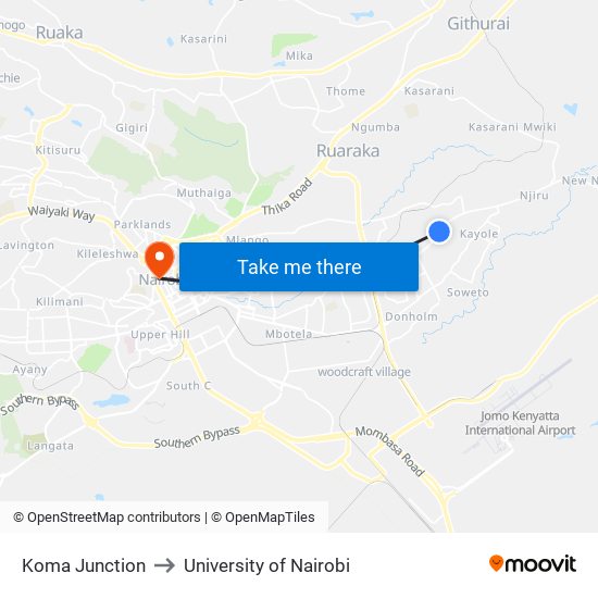 Koma Junction to University of Nairobi map