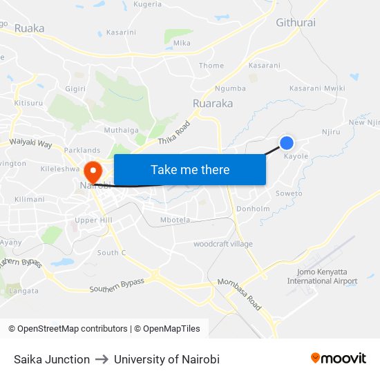 Saika Junction to University of Nairobi map