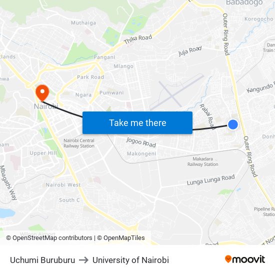 Uchumi Buruburu to University of Nairobi map