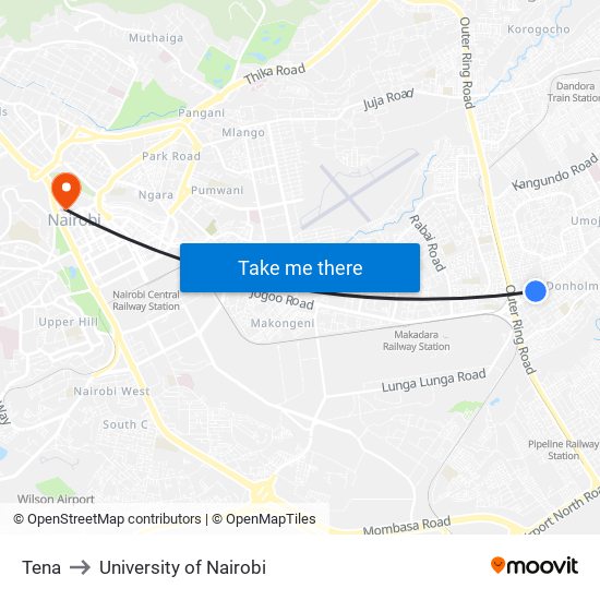 Tena to University of Nairobi map