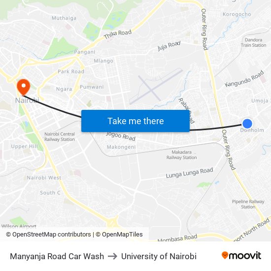 Manyanja Road Car Wash to University of Nairobi map