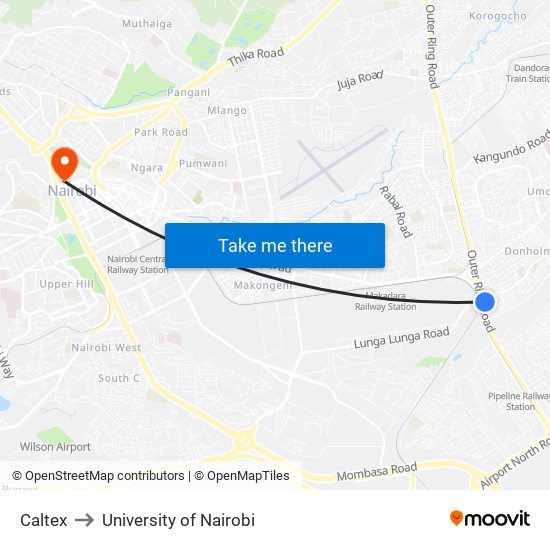 Caltex to University of Nairobi map