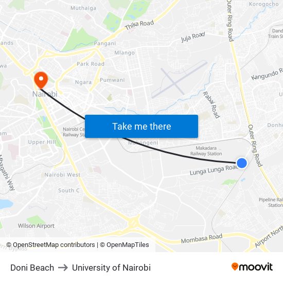 Doni Beach to University of Nairobi map