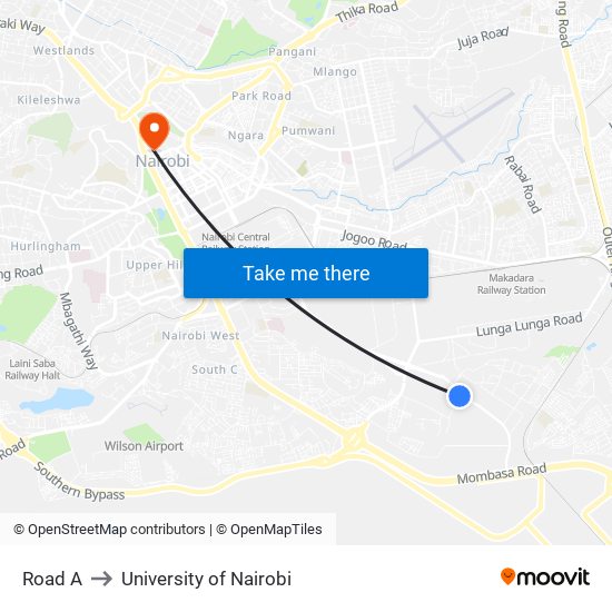 Road A to University of Nairobi map