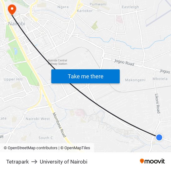 Tetrapark to University of Nairobi map