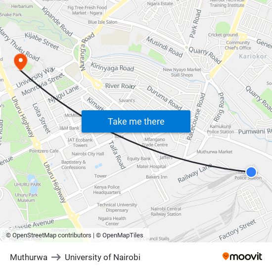 Muthurwa to University of Nairobi map