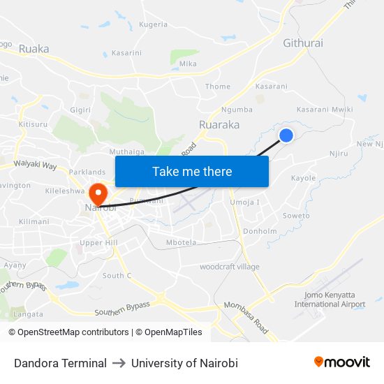 Dandora Terminal to University of Nairobi map