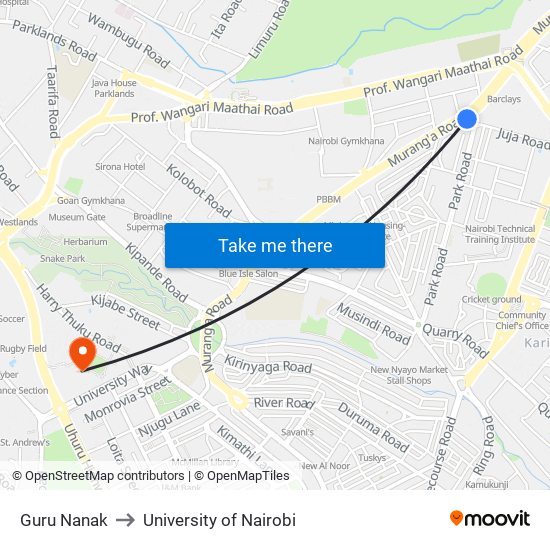 Guru Nanak to University of Nairobi map