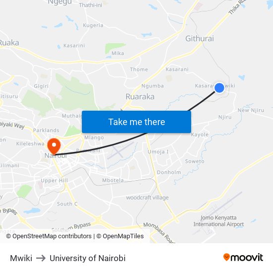 Mwiki to University of Nairobi map