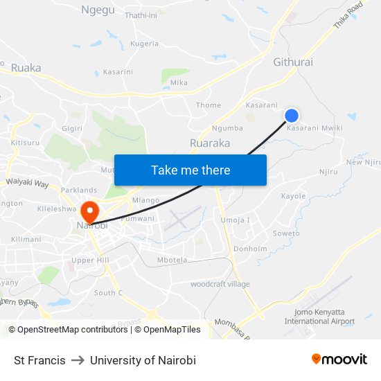 St Francis to University of Nairobi map