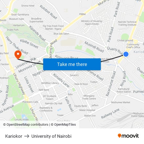 Kariokor to University of Nairobi map