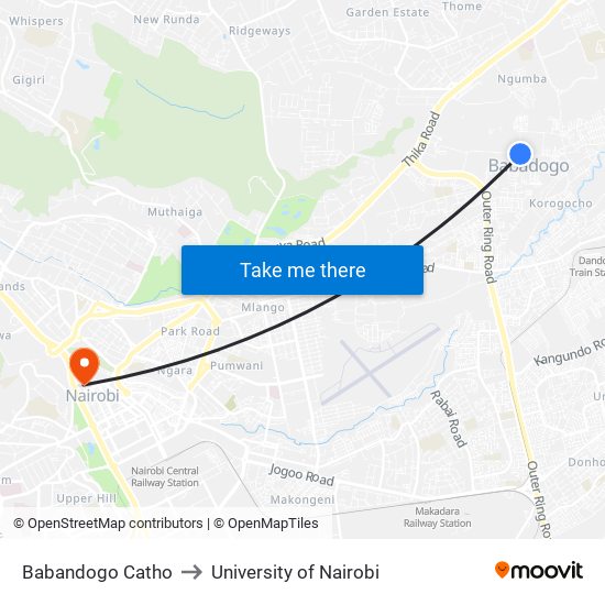 Babandogo Catho to University of Nairobi map