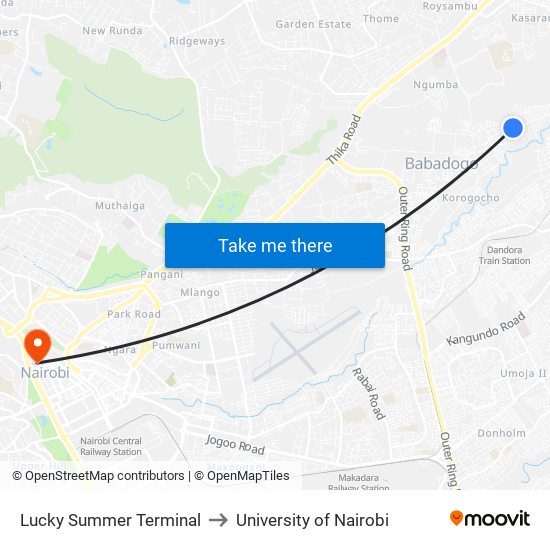 Lucky Summer Terminal to University of Nairobi map