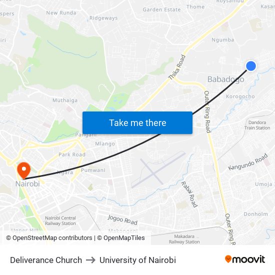 Deliverance Church to University of Nairobi map