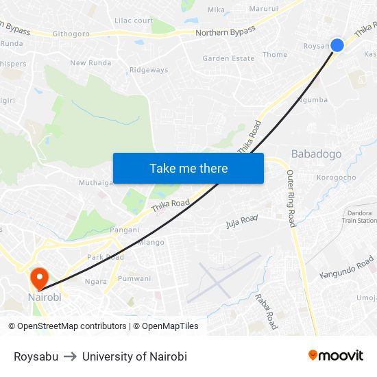 Roysabu to University of Nairobi map