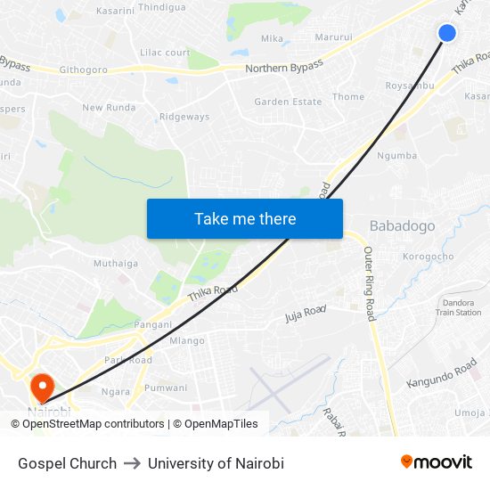 Gospel Church to University of Nairobi map