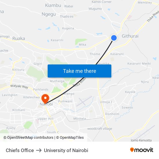 Chiefs Office to University of Nairobi map