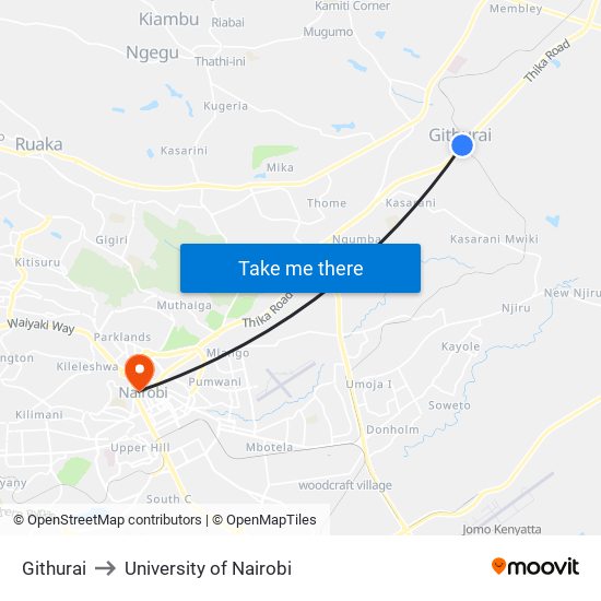 Githurai to University of Nairobi map