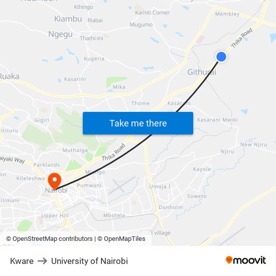 Kware to University of Nairobi map