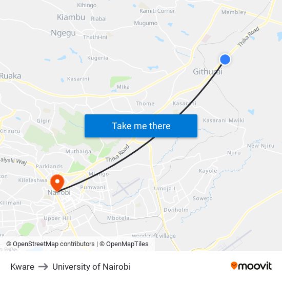 Kware to University of Nairobi map