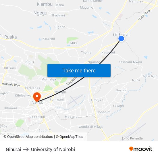 Gihurai to University of Nairobi map