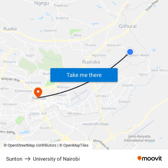 Sunton to University of Nairobi map