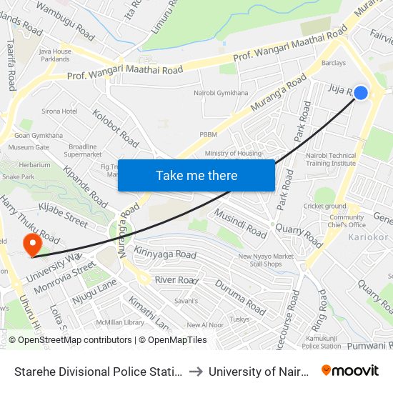 Starehe Divisional Police Station to University of Nairobi map