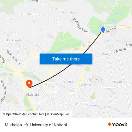 Muthaiga to University of Nairobi map