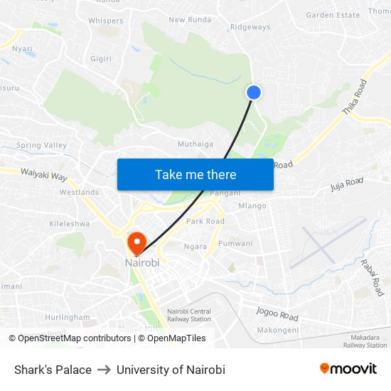 Shark's Palace to University of Nairobi map