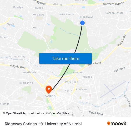 Ridgeway Springs to University of Nairobi map