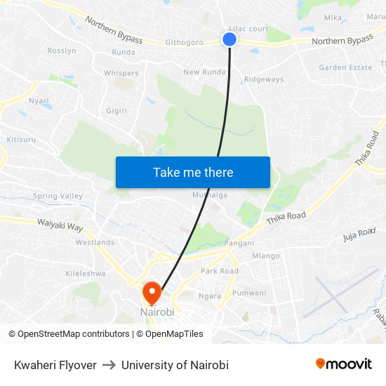 Kwaheri Flyover to University of Nairobi map